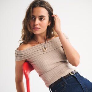 Ribbed Foldover Off-The-Shoulder Sweater Top